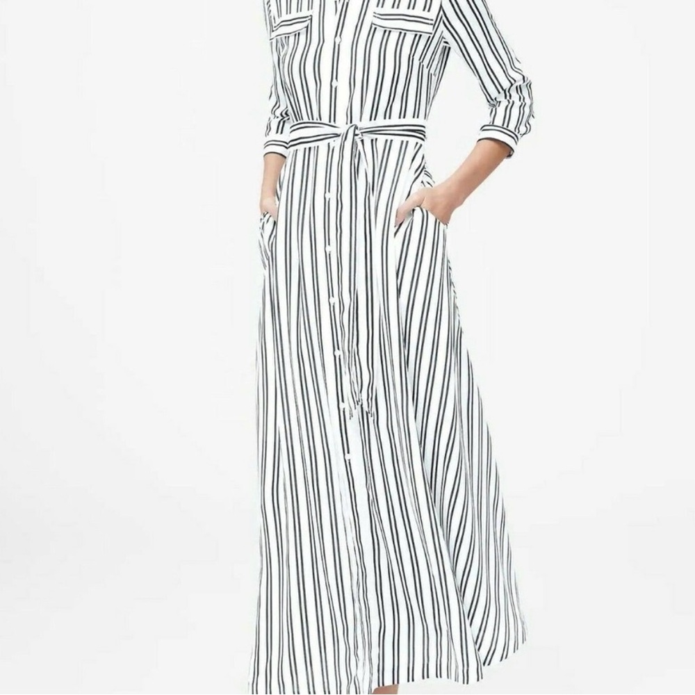 Banana Republic Striped Belted Maxi Shirt Dress 3/4 length sleeves
